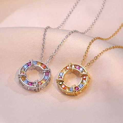 Stainless Steel Pendant Necklace Multicolored Zircon Circular Ring Rainbow Inlaid Trendy Minimalist Jewelry For Women