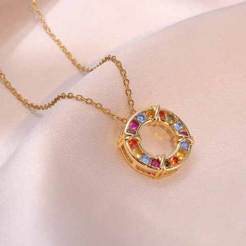 Stainless Steel Pendant Necklace Multicolored Zircon Circular Ring Rainbow Inlaid Trendy Minimalist Jewelry For Women