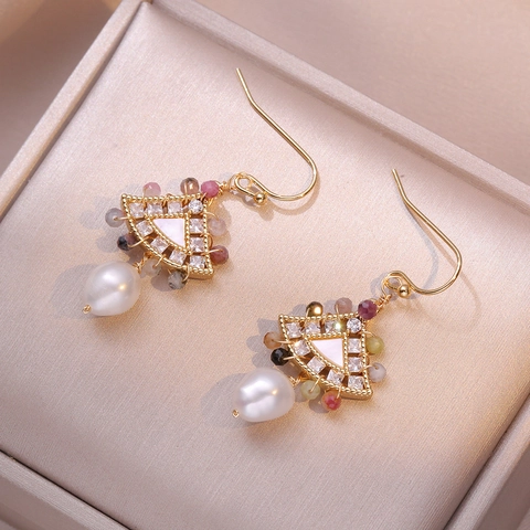 Bohemian Drop Earrings Golden Copper With Artificial Baroque Pearl Colorful Stone Shell Zircon And Silver Earring Post For Women
