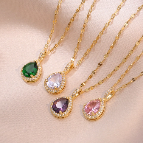 Fashion Stainless Steel Water Drop Pendant Necklace For Women Elegant Pear Shaped Zirconia Inlaid Gold Silver Jewelry For Party