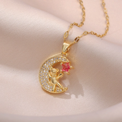 Collar Con Colgante de Oso Luna Creciente de Acero Inoxidable Zirconia Joyería Minimalista Mujer Estilo Coreano Estrella