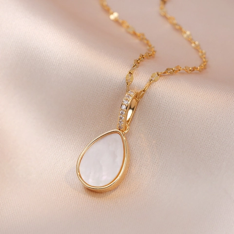 Collana Con Pendente A Goccia In Acciaio Al Titanio Con Intarsio In Madreperla E Zirconia Gioielli Eleganti A Goccia Per Donna