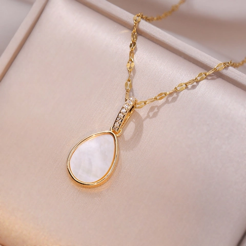 Collana Con Pendente A Goccia In Acciaio Al Titanio Con Intarsio In Madreperla E Zirconia Gioielli Eleganti A Goccia Per Donna
