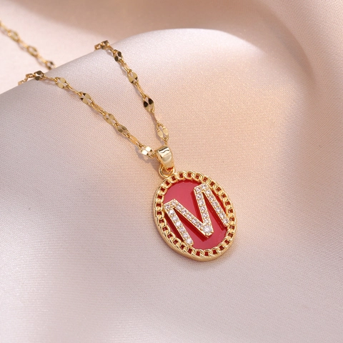 Vintage Ovalen Letter M Hanger Ketting Roestvrij Staal Rood Emaille Zirkoon Verguld Sieraden Dames