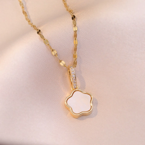 Flower Pendant Necklace Stainless Steel White Shell Mother Of Artificial Pearl Zircon Inlay Fashion Jewelry For Women Niche Design