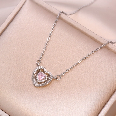 Pink Heart Zircon Necklace Stainless Steel Elegant Double Halo Micro Inlaid Pendant Fashion Jewelry Gift For Women