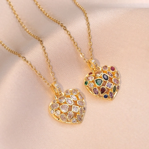 Heart Pendant Necklace Stainless Steel Hollow Design Colorful Zircon Inlaid Elegant Fashion Jewelry For Women