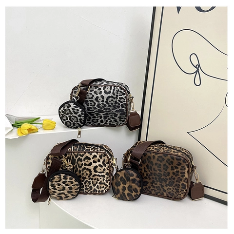 Leopard Print PU Leather Crossbody Bag With Adjustable Wide Strap And Small Round Pouch Fashion Women Camera Bag