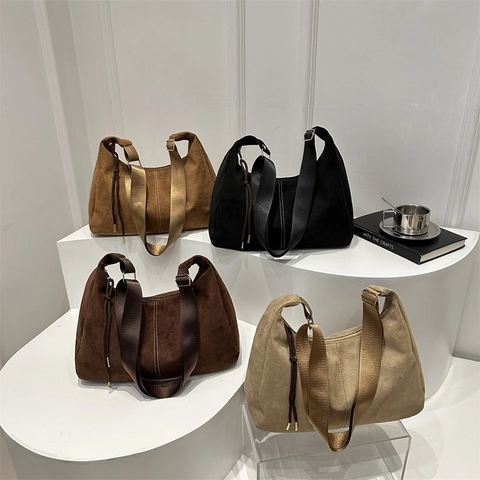 Women Suede Hobo Bag Large Capacity Retro Shoulder Bag With Wide Strap Contrast Stitching Drawstring Decor