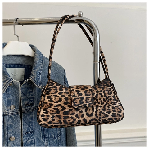Bolso Baguette Con Estampado De Leopardo Mujeres Cuero PU Bolso De Hombro Y Axila Con Cierre De Solapa Magnética Ajustable