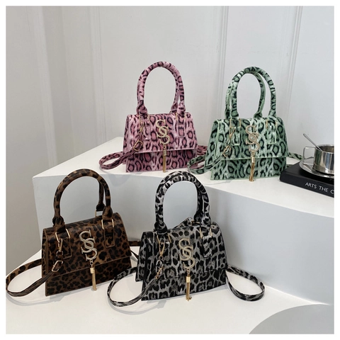 Borsa a Mano Piccola Quadrata con Stampa Leopardata Design di Nicchia Francese per Donna Vintage in Pelle PU con Nappina