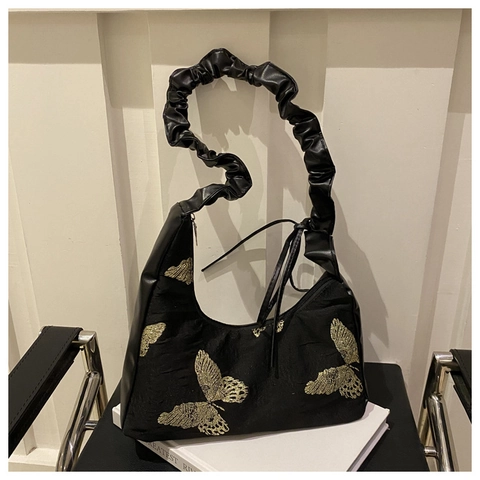 Borsa Sottobraccio Ricamata Con Farfalla Tessuto Pelle PU Tracolla Arricciata Fiocco Vintage Elegante Borsa Hobo Donna