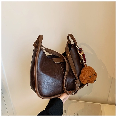 Retro PU Leder Damen Umhängetasche Große Kapazität Crossbody Eimer Tasche Mit Süßem Hundeanhänger Minimalismus