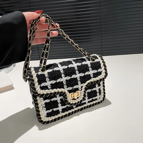 Women Vintage Tweed Plaid Woven Chain Shoulder Bag Fashion PU Leather Crossbody Bag Small Square Bag With Metal Lock