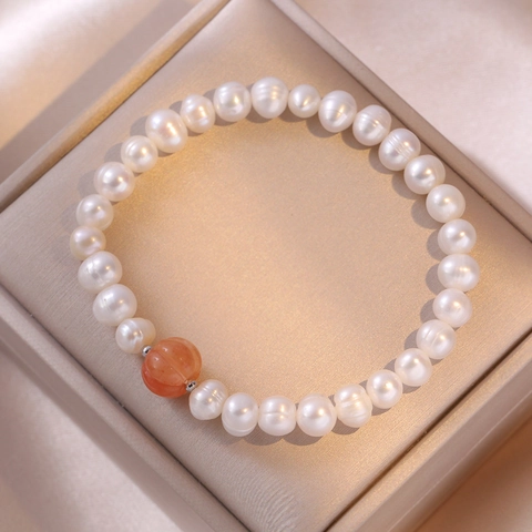 Bracelet Élégant En Perles D'eau Douce Avec Entretoises En Argent Sterling 925 Et Perle Citrouille En Agate