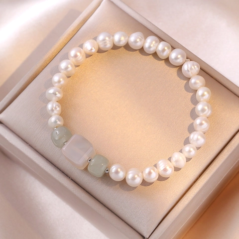 Bracelet Perles D'eau Douce Argent Sterling 925 Perles De Jade Élastique Ajustable Style Baroque Bijoux Pour Femmes