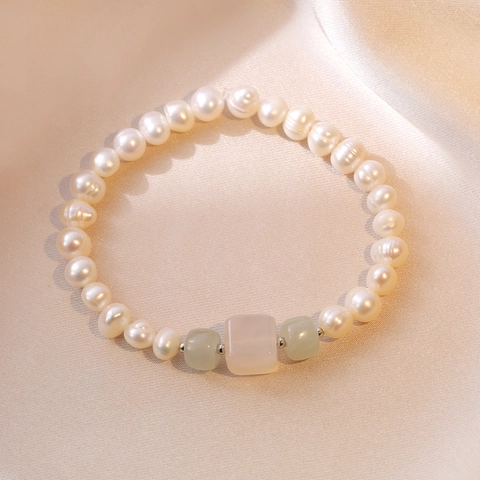 Bracelet Perles D'eau Douce Argent Sterling 925 Perles De Jade Élastique Ajustable Style Baroque Bijoux Pour Femmes