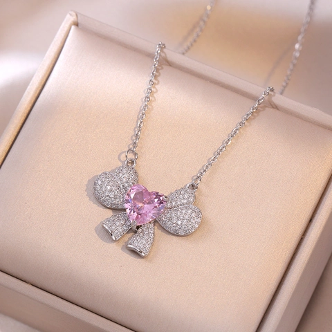 Collana Con Pendente A Fiocco Acciaio Inossidabile Cuore Rosa Zircone Incastonato Catena Clavicola Gioielli Per Donna