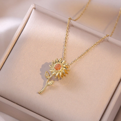 Roterende Zonnebloem Hanger Ketting Roestvrij Staal Met Oranje Wit Zirkoon Mode Sieraden Voor Dames