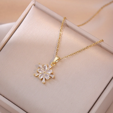 Sneeuwvlok Hanger Ketting Roestvrij Staal Met Zirkonia Ingelegd Elegante Bloem Sieraden Voor Dames Koreaanse Modeaccessoires