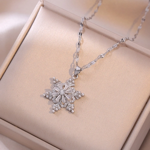 Rotating Snowflake Pendant Necklace Stainless Steel Zirconia Imitation Pearl Winter Christmas Jewelry Gift For Women