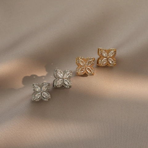 Rotierbare Blumen Ohrringe Kupfer Marquise Zirkon Harzstift Vierblättriges Kleeblatt Glänzender Schmuck Für Damen