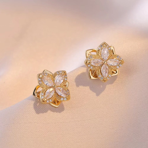 Rotierbare Blumen Ohrringe Kupfer Marquise Zirkon Harzstift Vierblättriges Kleeblatt Glänzender Schmuck Für Damen