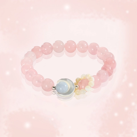 Rosenquarz Perlenarmband Mit Muschel Mond Blumen Anhängern Elastisch Traumhafter Süßer Schmuck Für Damen