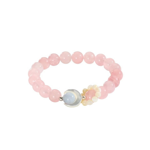 Rosenquarz Perlenarmband Mit Muschel Mond Blumen Anhängern Elastisch Traumhafter Süßer Schmuck Für Damen