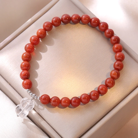 Bracciale Di Perline Di Agata Rossa Del Sud Naturale Con Pendente A Fiore In Cristallo Bianco E Distanziatori In Argento S925