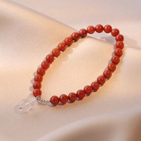 Bracciale Di Perline Di Agata Rossa Del Sud Naturale Con Pendente A Fiore In Cristallo Bianco E Distanziatori In Argento S925