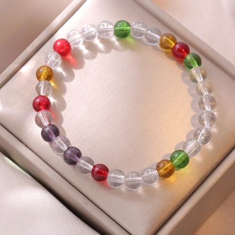 Buntes Perlenarmband Damen Minimalistisches Design Synthetisches Kristall Glas Rundperlen Trendy Koreanischer Stil INS