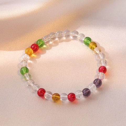 Buntes Perlenarmband Damen Minimalistisches Design Synthetisches Kristall Glas Rundperlen Trendy Koreanischer Stil INS