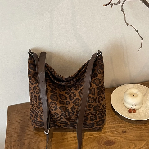 Vintage Damen Totebag mit Leopardenmuster Wildlederimitat Schultertasche Mit Verstellbarem Gurt Große Kapazität Shopper