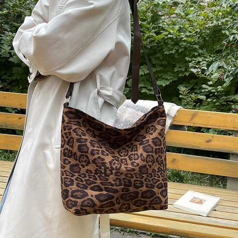 Vintage Damen Totebag mit Leopardenmuster Wildlederimitat Schultertasche Mit Verstellbarem Gurt Große Kapazität Shopper