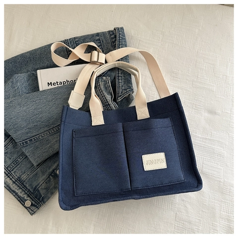 Borsa Tote da Donna in Cotone e Lino Grande Capacità Moda Coreana Borsa a Tracolla Con Tasche Esterne Borsa a Mano Casual
