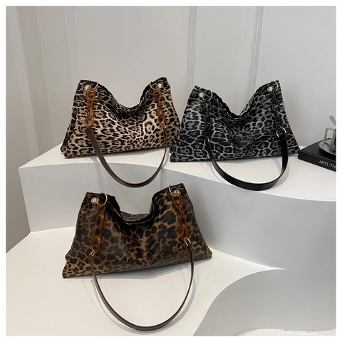 Bolso Tote de Mujer Retro con Estampado de Leopardo Moda de Gran Capacidad con Cadena de Acrílico Ámbar Urban Chic