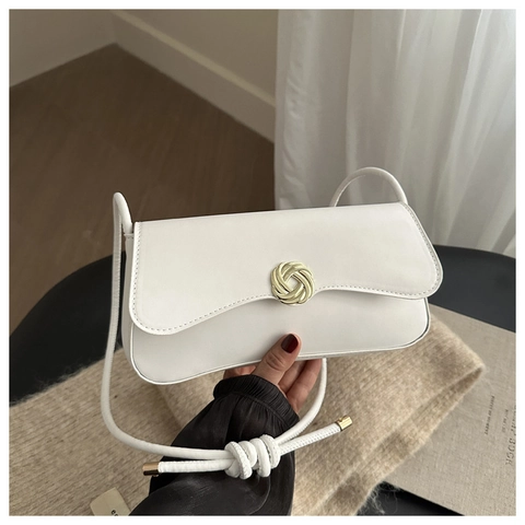 Women PU Leather Underarm Bag Minimalist Square Shoulder Bag With Gold Metal Knot Buckle Elegant Vintage Style