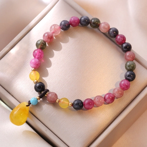Natural Tourmaline Agate Beaded Bracelet With Water Drop Pendant Retro Multicolor Gemstone Jewelry For Women