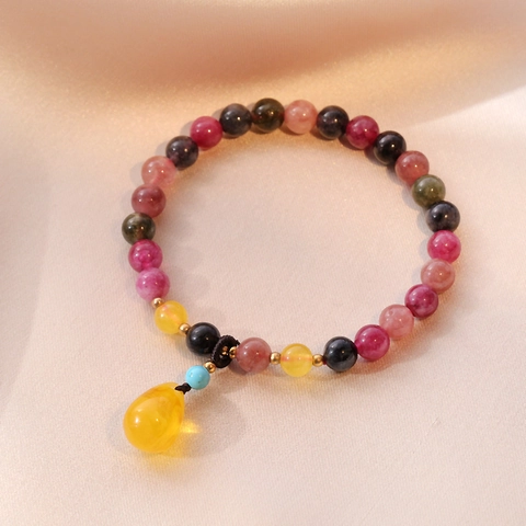 Natural Tourmaline Agate Beaded Bracelet With Water Drop Pendant Retro Multicolor Gemstone Jewelry For Women