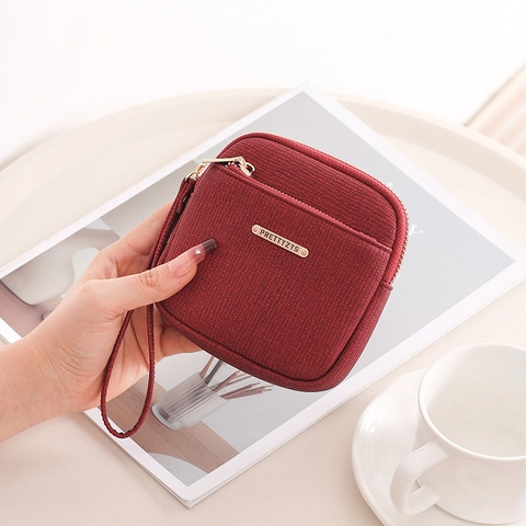 Korean Minimalist Women Short Corduroy Wallet Zipper Coin Purse With Wristlet Strap Solid Color Small Handbag Daily Card Holder