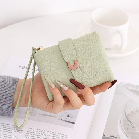 Women Pebbled Leather Wallet Short Trifold Purse Multi Card Slot Coin Pocket With Wrist Strap Casual Ladies Small Handbag