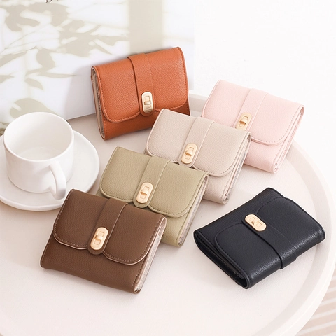 Damen Kleiner Gefalteter Geldbeutel PU Leder Litschimaserung Metallschloss Viele Kartenfächer Reißverschlussfach Clutch