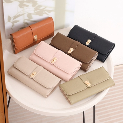 Damen Lange Dreifach Gefaltete Brieftasche Koreanischer Stil Litchi Muster PU Leder Clutch Multifunktionaler Drehverschluss