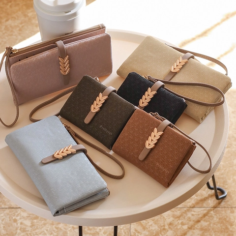 Damen Chic PU Leder Lange Brieftasche Mit Metallblatt-Schnalle Modische Multifunktionale Geldbörse Handgelenktasche Kartenhalter Clutch Bag