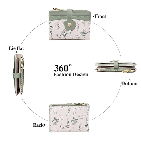 Portafoglio Corto Da Donna Pelle PU Stampa Floreale Fibbia A Fiore Multi Scomparti Cerniera Portamonete Elegante Porta Carte