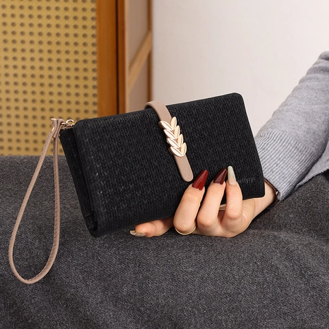 Damen Chic PU Leder Lange Brieftasche Mit Metallblatt-Schnalle Modische Multifunktionale Geldbörse Handgelenktasche Kartenhalter Clutch Bag