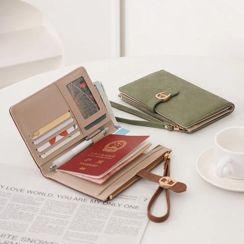 Funda Pasaporte Mujer Cuero PU Multi Funcional Cartera De Viaje Organizador De Tarjetas Con Correa De Muñeca Y Cremallera