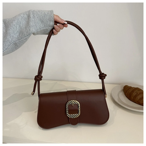 Women PU Leather Underarm Bag Vintage Curved Bottom With Large Gold Buckle Knotted Shoulder Strap Fashion Daily