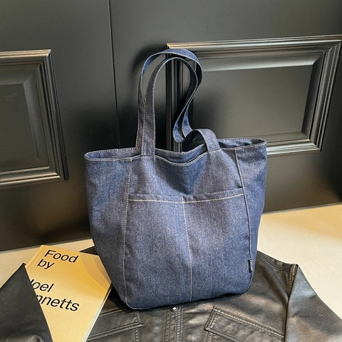Dames Grote Capaciteit Denim Tote Bag Met Contraststiksels Retro Casual Canvas Schoudertas Boodschappentas Voor Dagelijks Gebruik